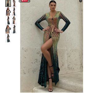 FashionNova Chasing Dreams Sequin Maxi Gown - Gold/Hunter